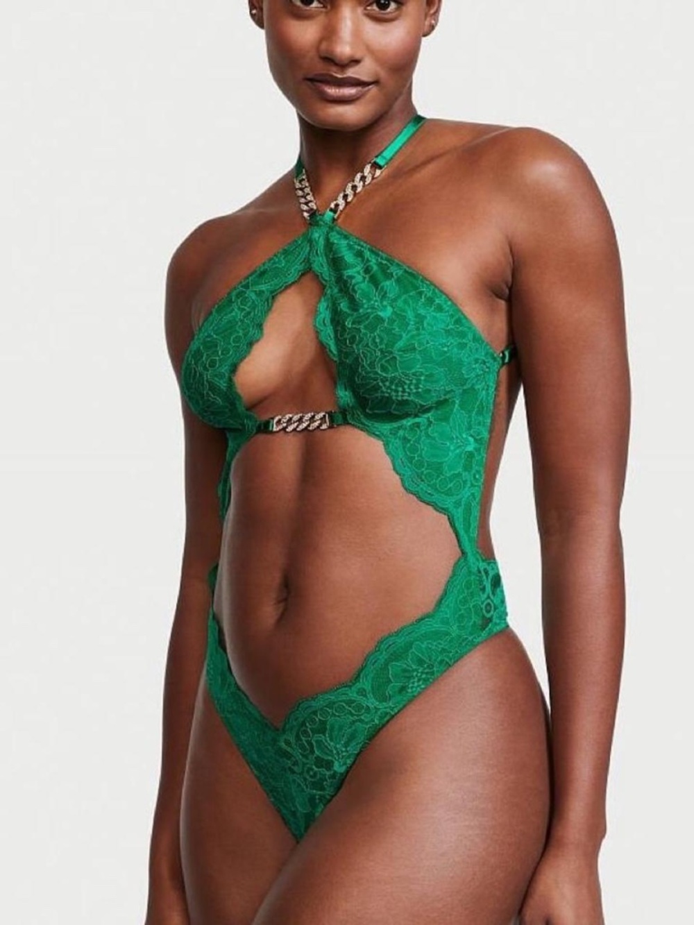 Victoria’s Secret green lace halter lingerie bodysuit with chain
